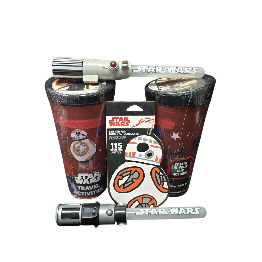 Star Wars Travel Cup w. Book Activities Crayons & 2 Light Sabers & Sticker Pad